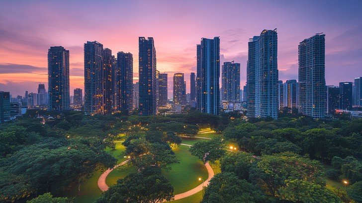 city twilight skyline stockcake